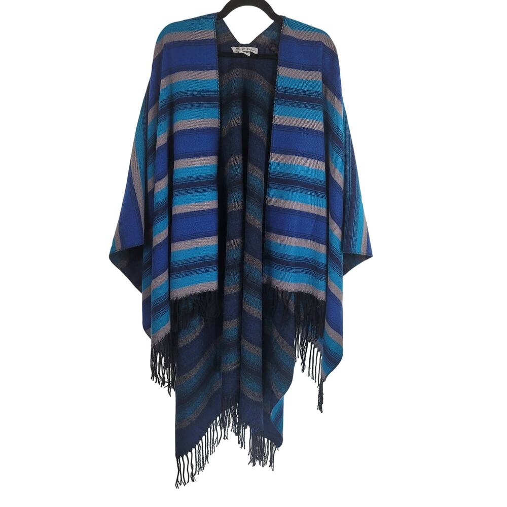 29 Palms Blue Turquoise Gray Black Stripped Women's Poncho OSFM